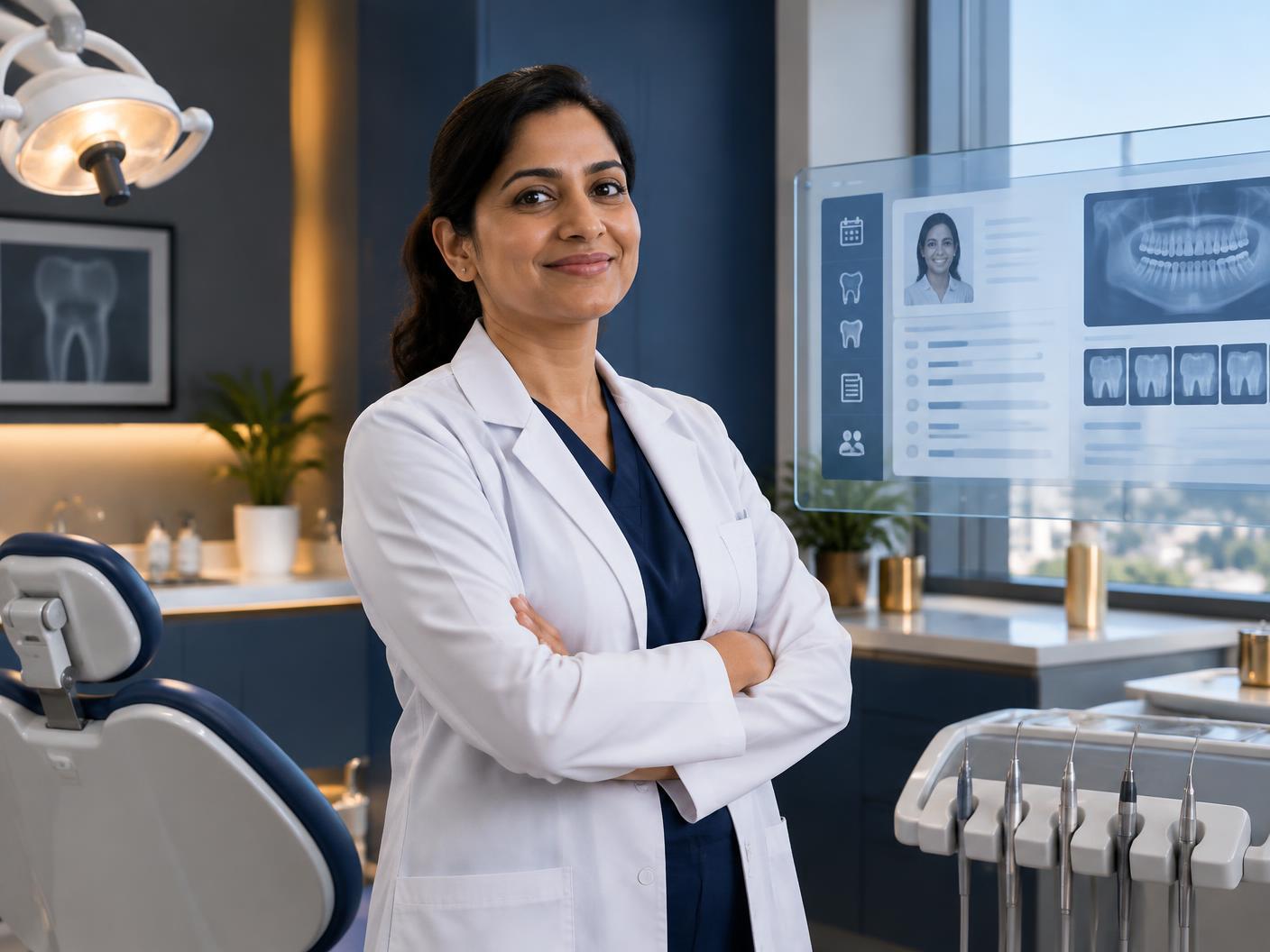 Dental professional in a modern clinic using digital systems